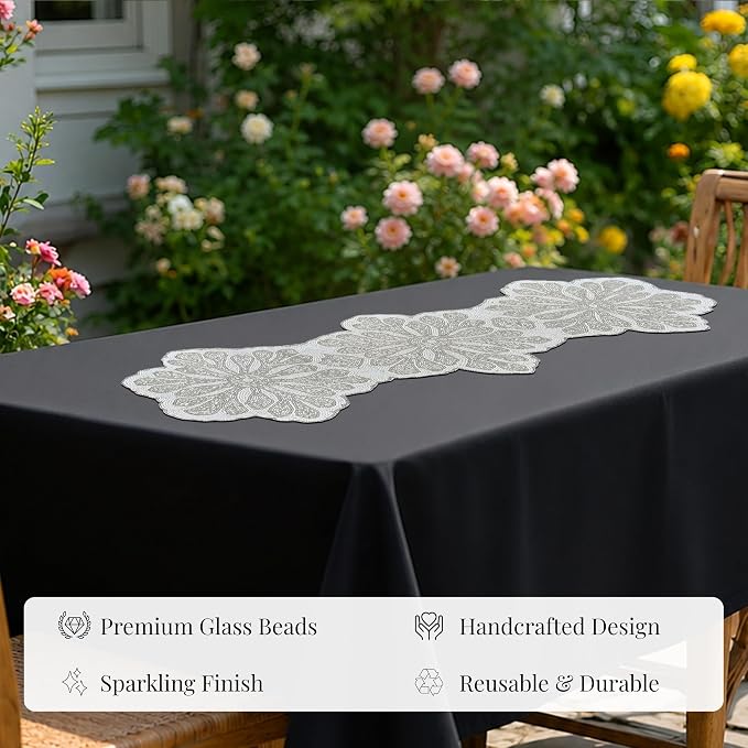 Handmade Beaded Table Runner 13x36 Inch – Silver & White Floral Beaded Runner - Image 8