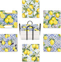 Lemon Yellow Coasters for Drinks, Ceramic Stone | Blue Fruit Tile Absorbent by BRIBAY