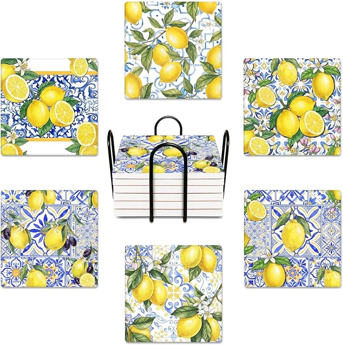 Lemon Yellow Coasters for Drinks, Ceramic Stone | Blue Fruit Tile Absorbent by BRIBAY