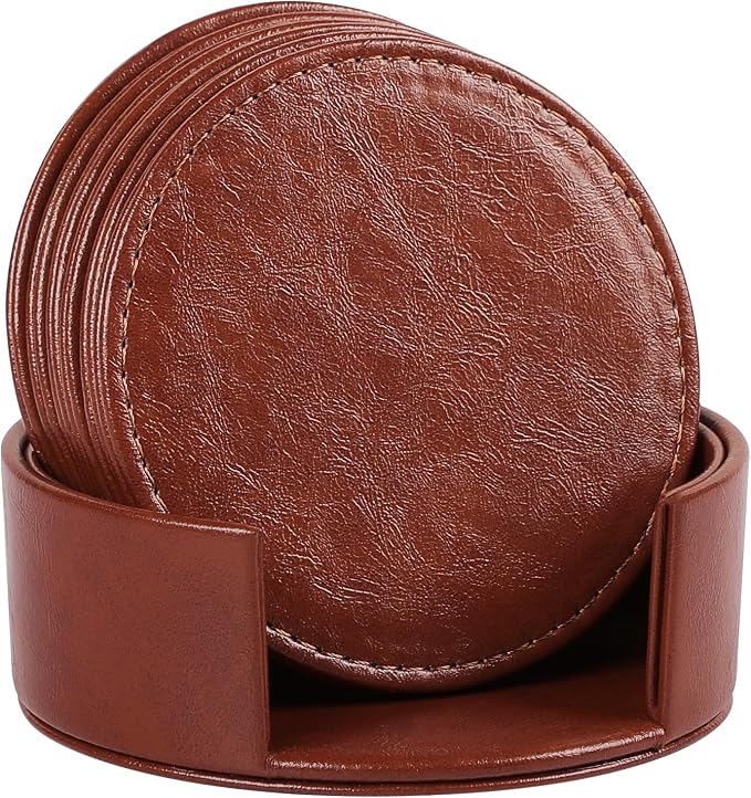 Leather Coasters Set of 6 with Holder, Tabletop Protection, Coffee Table & Bar - Image 5