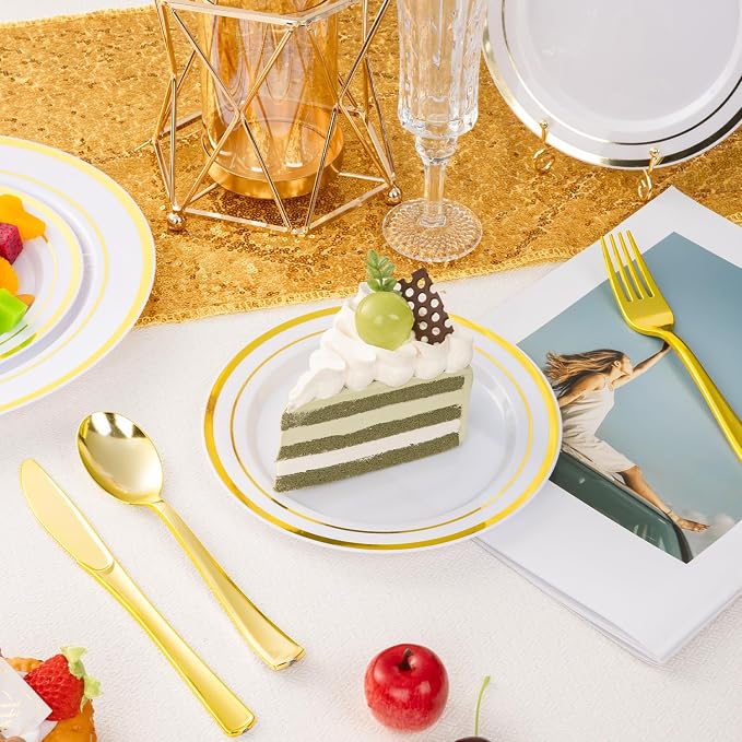 BESTSTAR 7 Inch White with Gold Rim Plastic Plates | 100PCS Disposable - Image 3
