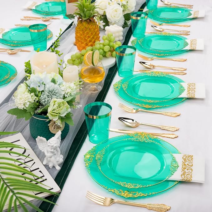175 Pcs Clear Green Plates for Party | Elegant Disposable Dinnerware for 25 - Image 9