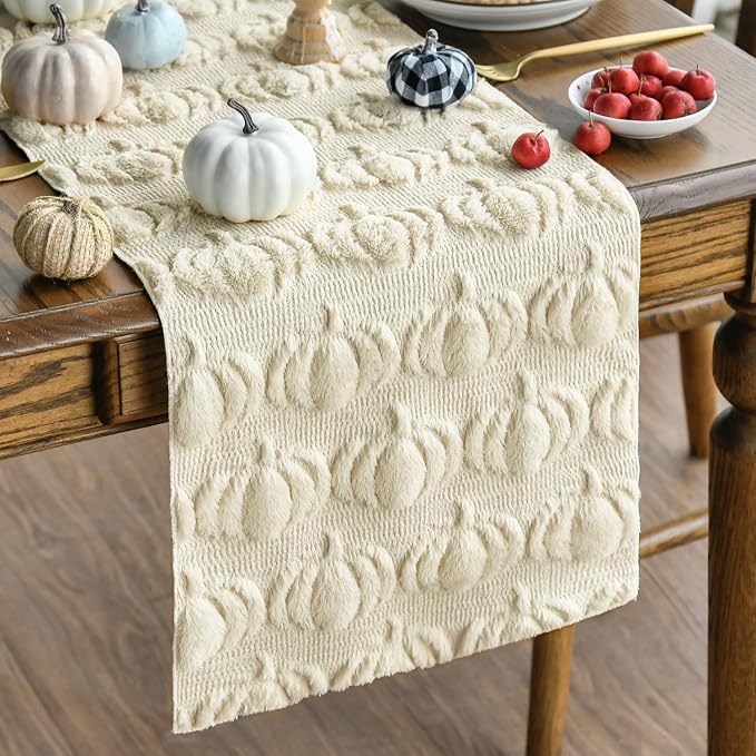 Artoid Mode Beige Soft Faux Fur Pumpkins Fall Table Runner 13x48 Inch | by ArtoidMode