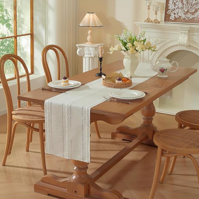 Boho Cotton Linen Beige Table Runner, Ivory Farmhouse Woven Table Runners - Image 8