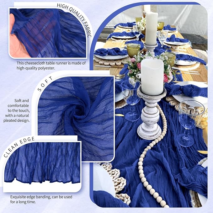 Showgeous 2 Pack Royal Blue Cheesecloth Table Runners Boho Wedding Decor | - Image 3