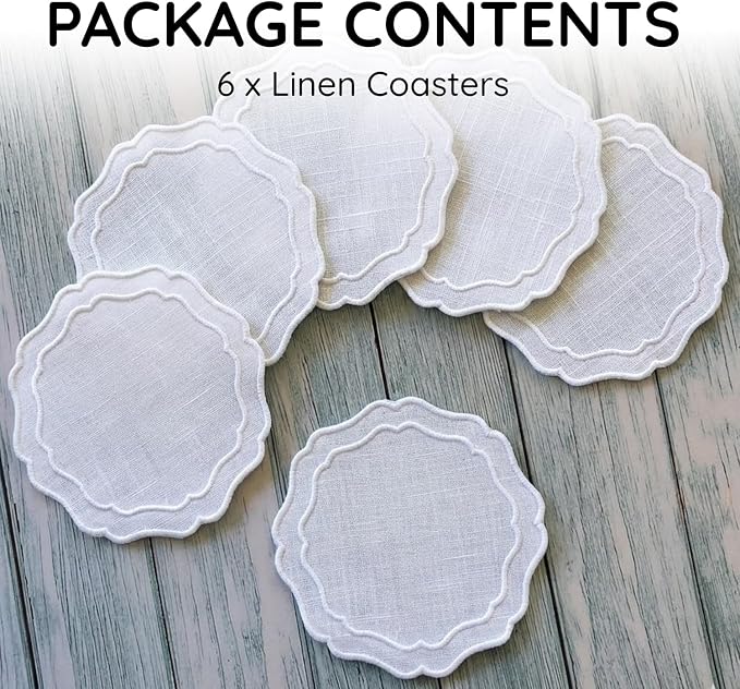 Drink Coasters Set of 6, 6x6 inch, Absorbent Linen Drink Mats - Image 2