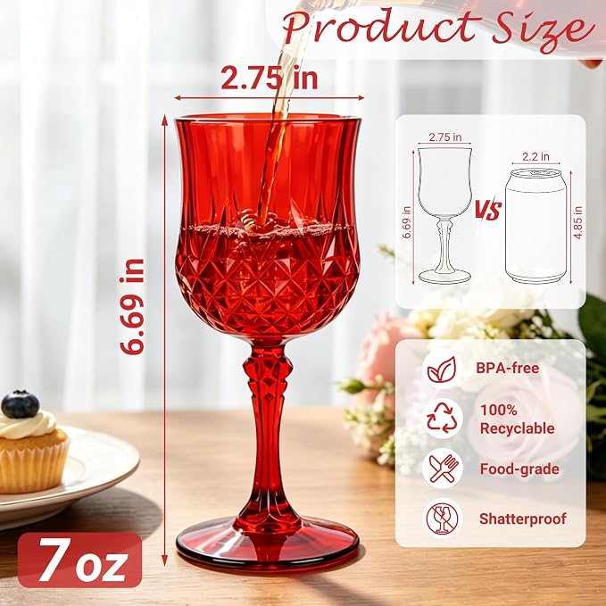 24Pack Plastic Wine Glasses, 7oz Vintage Goblets - Image 2