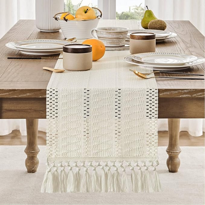 Macrame Style Boho Table Runner, 12x90 Inch Ivory | Woven Boho Table Runner - Image 2