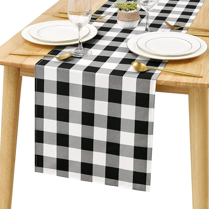 Buffalo Plaid Table Runner Black and White 14W x 72L, 1 Piece | Waterproof by Hiasan
