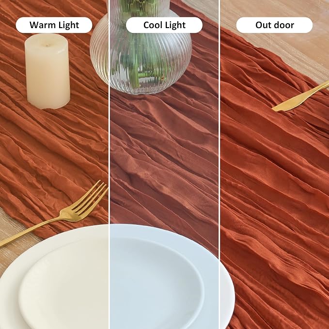 Asee'm 2pcs Terracotta Fall Cheesecloth Table Runner 10FT Boho Burnt Orange | - Image 8