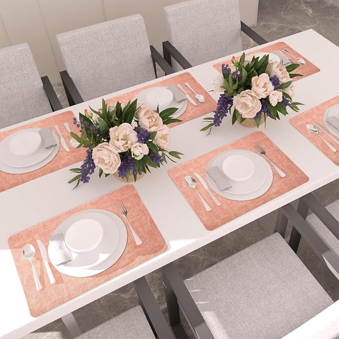 Maxpearl Faux Leather Placemats Set of 6, Peachy Pink | Waterproof - Image 2