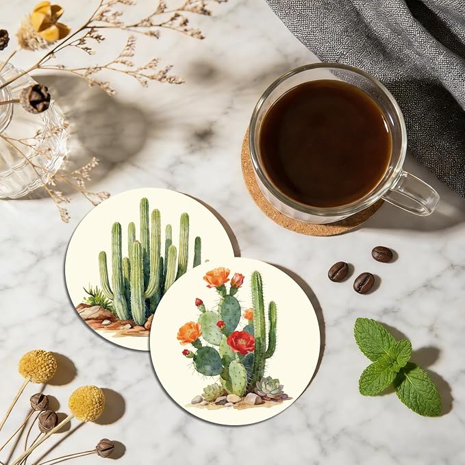10pcs Coasters for Drinks Funny Cactus Absorbent Coasters Set Round Tabletop - Image 4