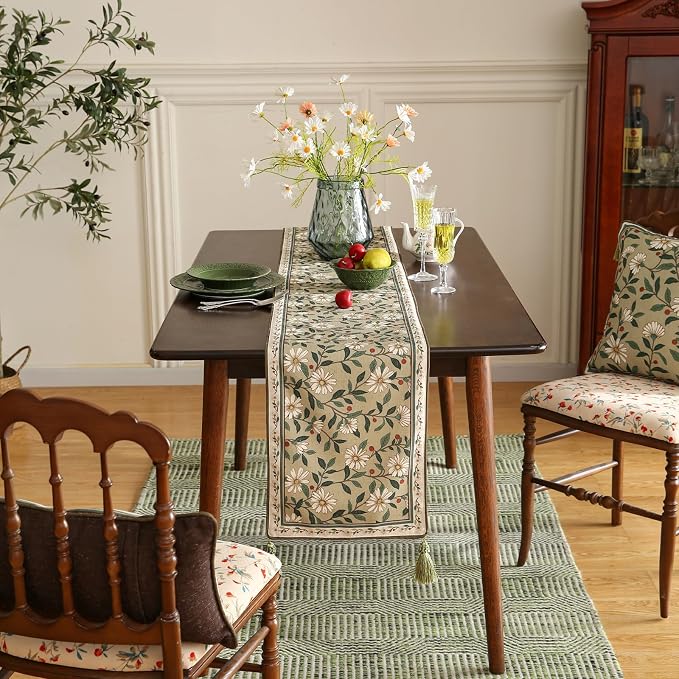 Designer Vintage Linen Extra Long Table Runner, Floral Pattern, Dining Table - Image 8