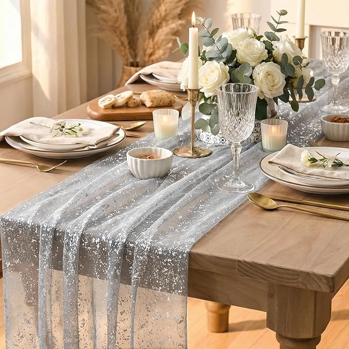 Artoid Mode Grey Gold Gauze Table Runner 120 Inch 10FT, Glitter Metallic Foil - Image 6