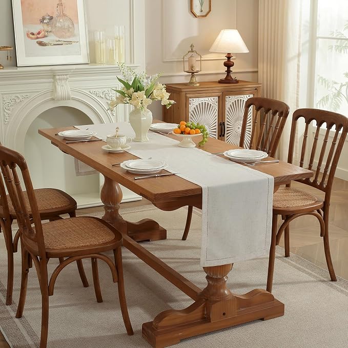 Linen Blend Table Runner – Light Natural Handmade Hemstitch, Classic Style - Image 6