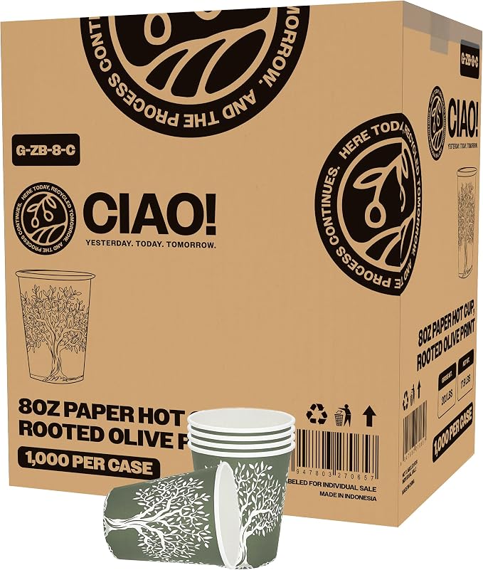 CIAO! 8oz Paper Hot Cup, Rooted Olive Print by Ciao