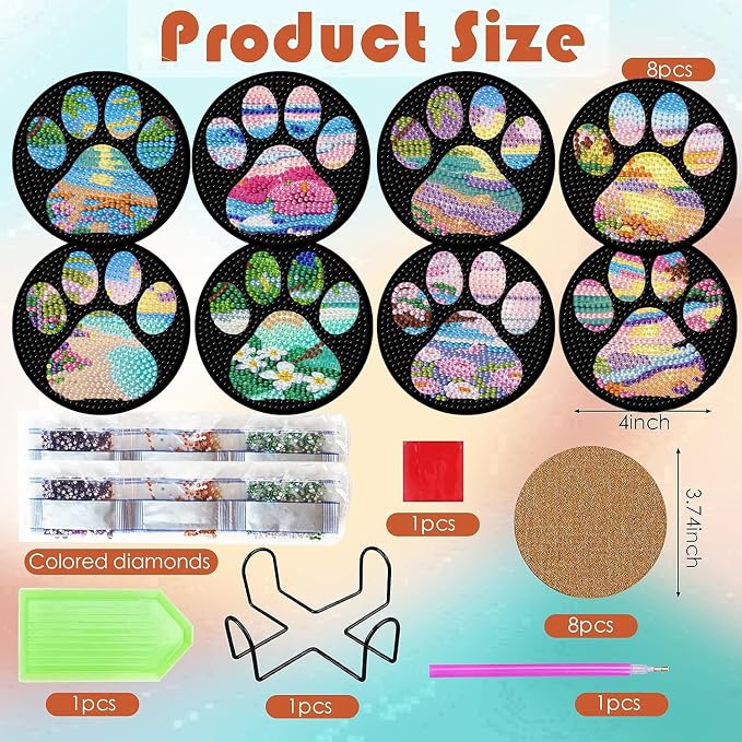 ijbnhd Beach Diamond Art Coasters Kit, Dog Paw, 4X4inch | Diamond Painting - Image 3