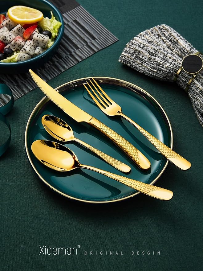 16-Piece Luxury Gold Hammered 18/10 Stainless Steel Silverware Set | Ultra - Image 2