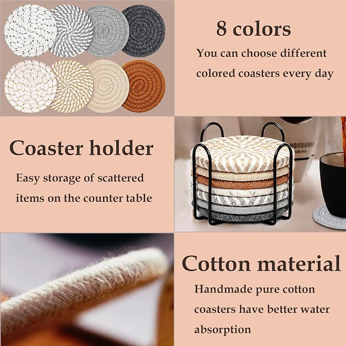 Woven Coasters Set of 8, Absorbent Drink Coasters - Image 3