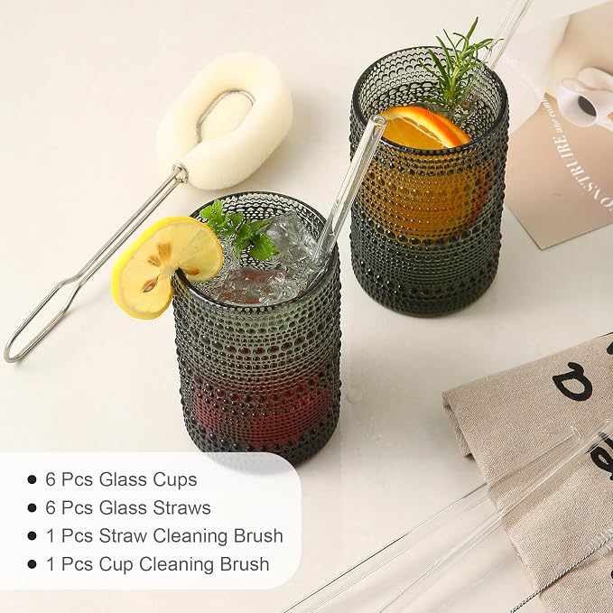 ZMOWIPDL Drinking Glasses Set of 6, 15 oz Grey Hobnail Glass Cups | Vintage - Image 5
