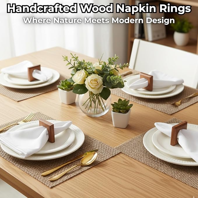 Acacia Wood Napkin Rings, 2.5x2.5x0.75 in, rustic farmhouse decor - Image 6