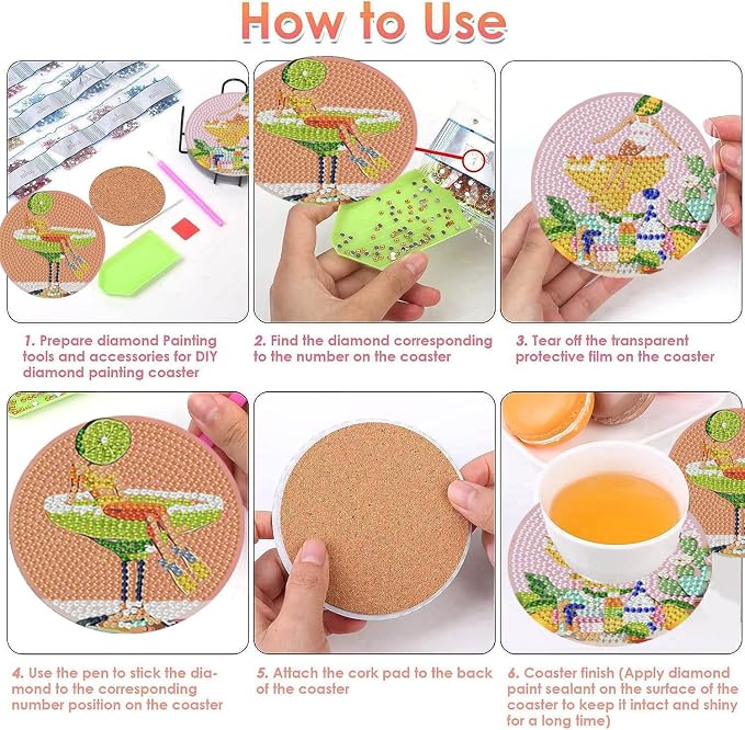 ijbnhd 8 Pcs Cocktail Diamond Art Coasters Kits, 4x4 inch | Cocktail Diamond - Image 6