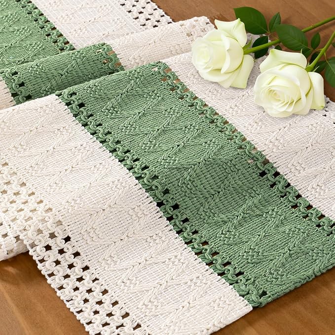 Ivory & Sage Boho Table Runner Macrame Woven Table Runner 12x72 Inch | Small by MLMC