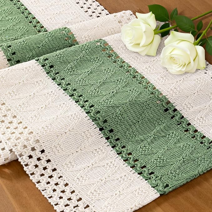 MLMC Ivory & Sage Boho Table Runner Macrame Woven Table Runner 12x36 Inch | by MLMC