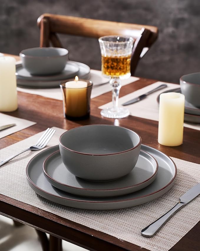 Famiware Mercury 24-Piece Stoneware Plates and Bowls, Dark Grey | Dinnerware Set - Image 6