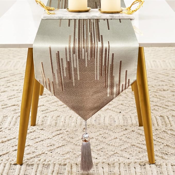 Luxury Champagne Table Runner 13 x 98 Inches Long, Modern Abstract Striped | - Image 2