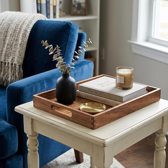 17 x 12 Inch Acacia Wood Serving Tray, Decorative Serving Platter - Image 3