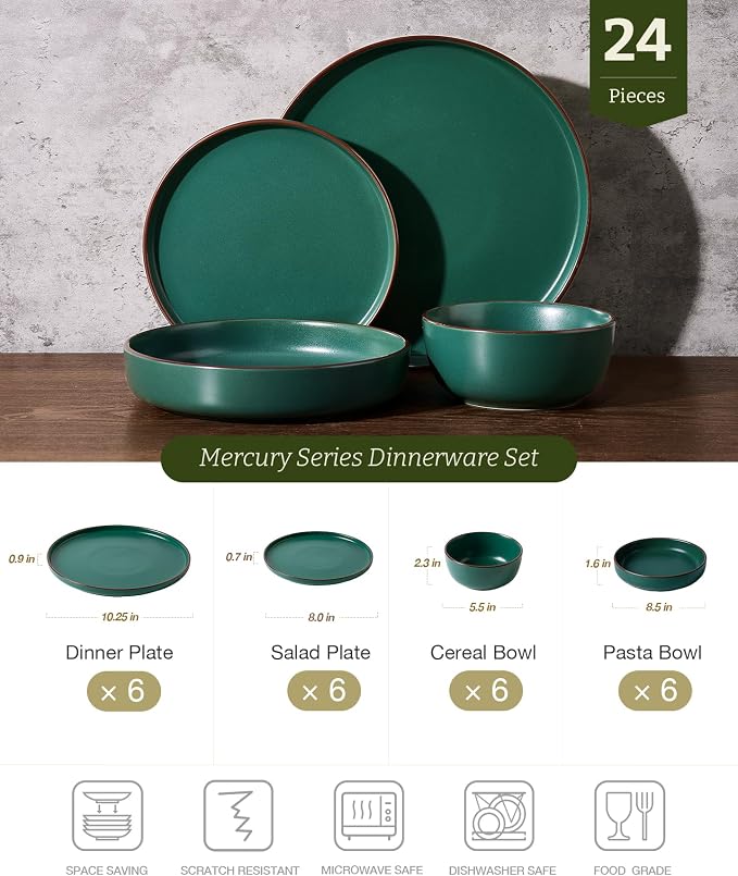 Famiware Mercury 24-Piece Stoneware Plates and Bowls, Dark Green | Dinnerware - Image 2