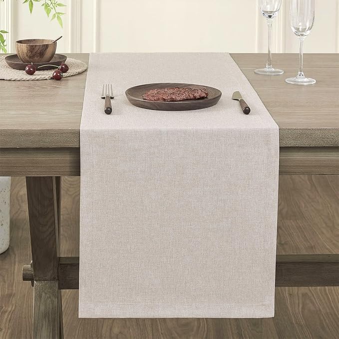 Basic Linen Style Table Runner, 14x72 Inch Light Tan | Mitered Corner Design - Image 2