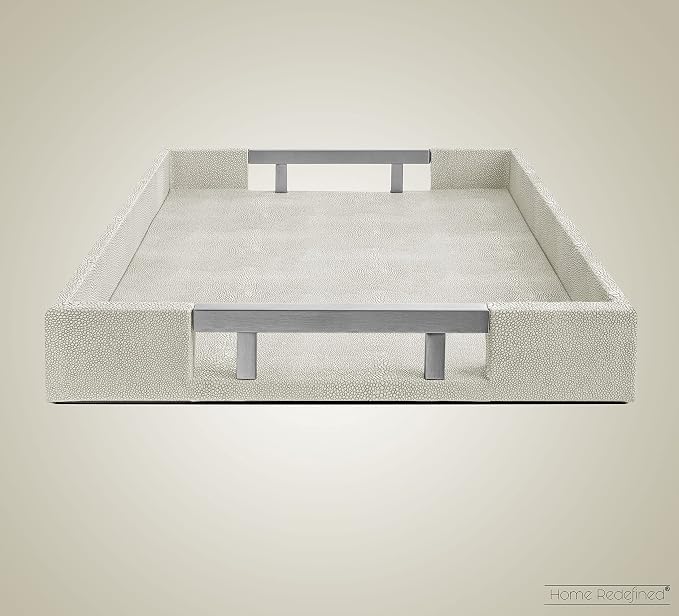 Modern Elegant 17.5"x12" Rectangle Natural Ivory Beige Faux Leather Shagreen - Image 4