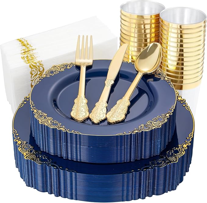 Nervure 175Pcs Blue Plastic Plates, Disposable Dinnerware Set by Nervure