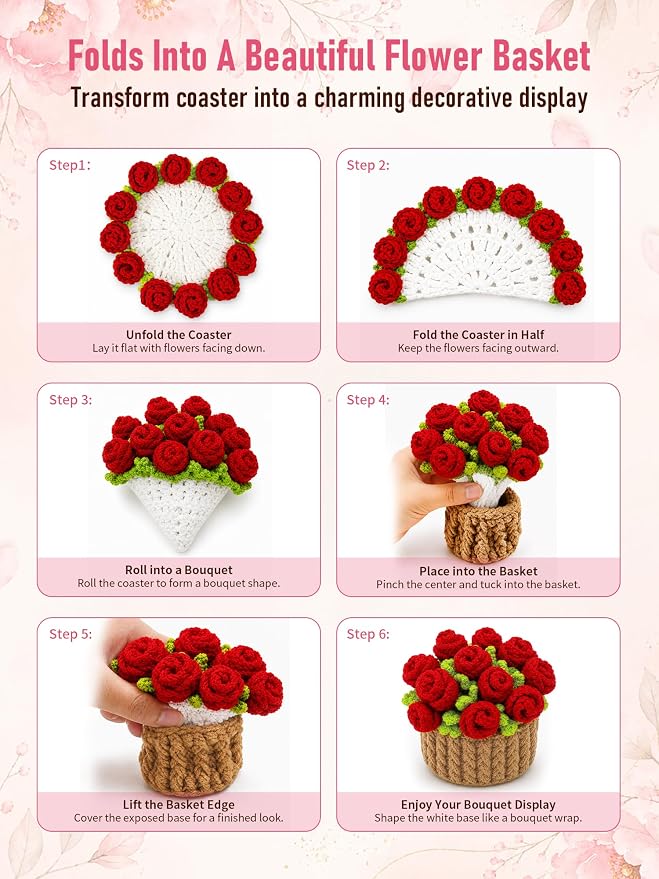 Crochet Flower Bouquet Coasters, Cotton Rose Gifts - Image 3