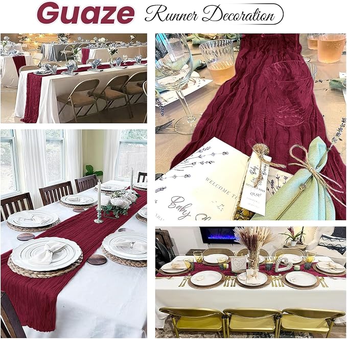 8 Pack Burgundy Cheesecloth Table Runner 20 x 120 inch Gauze Table Runners 10 - Image 5