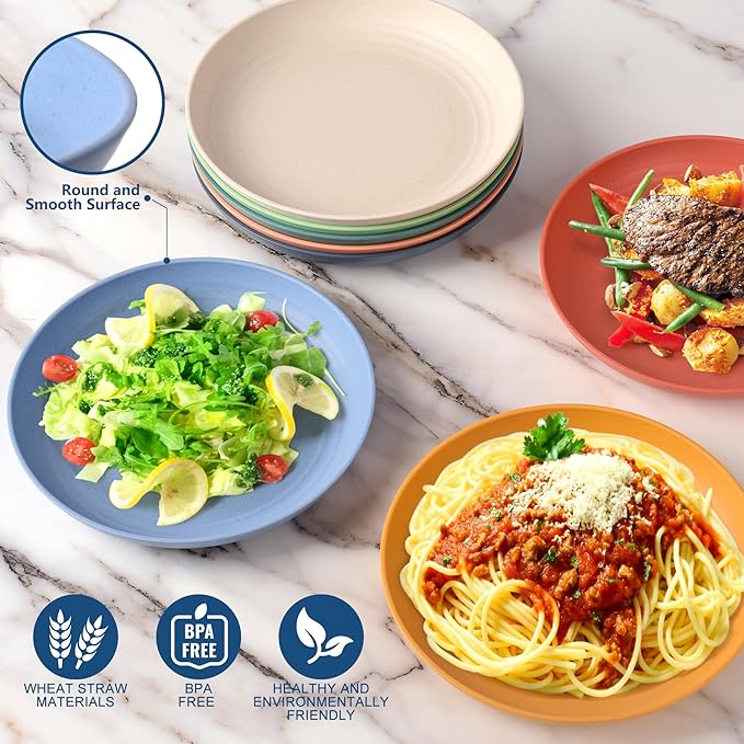HOTEC 8-Pack 8inch BPA Free Unbreakable Deep Plastic Plates, Wheat Straw - Image 3