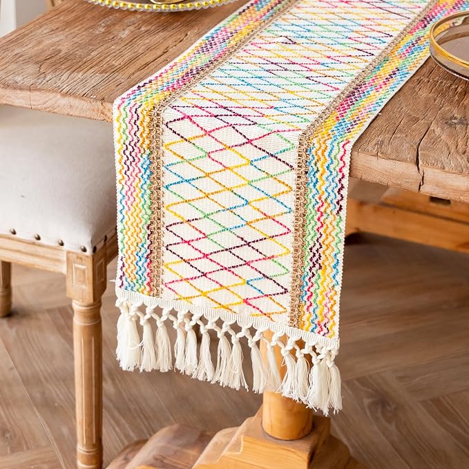 EMMTEEY Macrame Table Runner Boho Style 72 Inches Long, Hexagonal Colorful | - Image 5