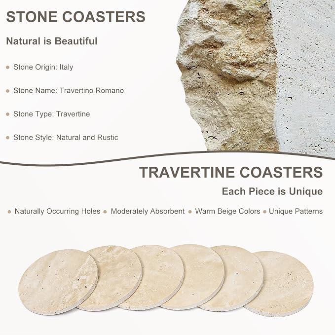 Italian Travertine Coasters Set of 6, Farmhouse Rustic Neutral Style Marble - Image 4