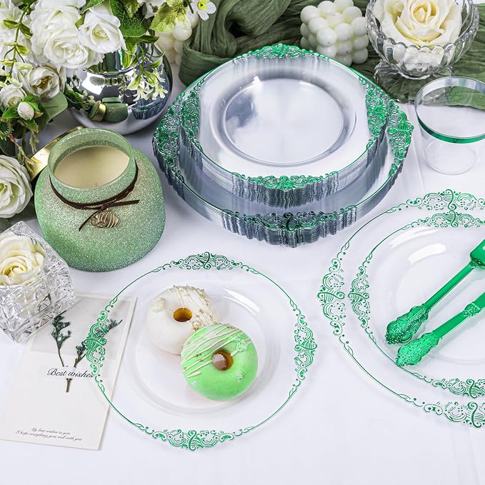 175 Pcs Clear Green Plates for Party | Green Party Plates Set for 25 Guests - Image 8