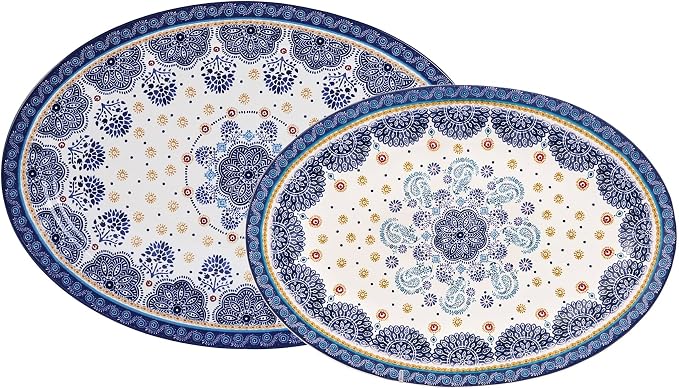 Bico Blue Talavera 16 plus 14 inch Oval Platters Set, Microwave and Dishwasher by Bico