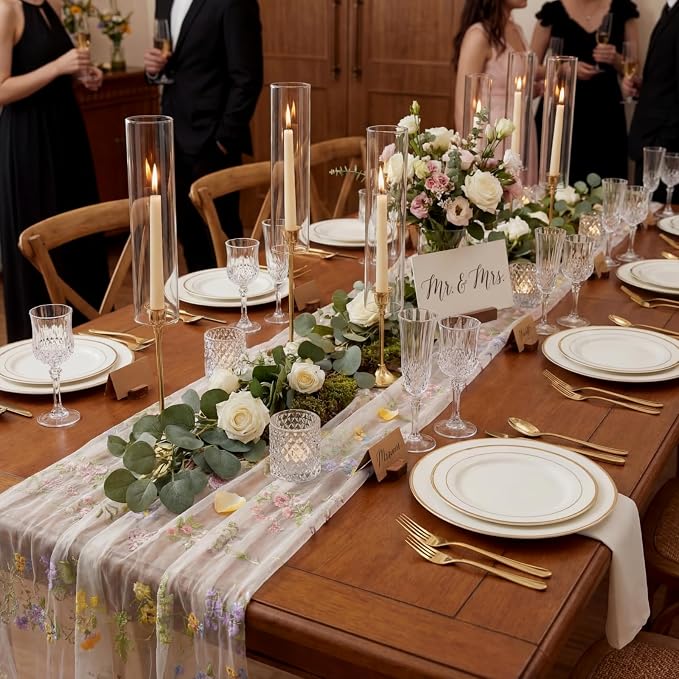 Ivory White Floral Table Runner 10ft Embroidery Tulle Spring Wildflower Gauze - Image 7
