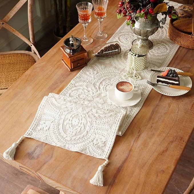 Coffee Table Runner Embroidered Boho Dresser Scarf, 4 Tassel Pendants, Layered by ARTBLOSS