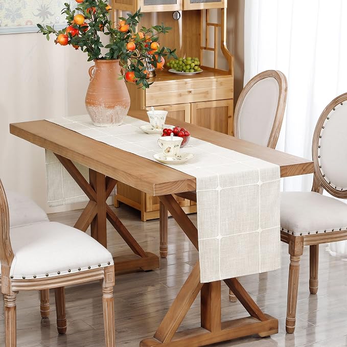 NEWISHER Rustic Embroidered Plaid Cloth Table Runner 72 inches, Farmhouse - Image 2