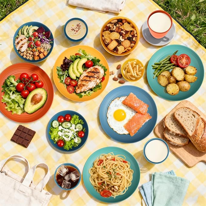 Wheat Straw Dinnerware Sets, Unbreakable Plates and Bowls Sets of 16, Kids - Image 5