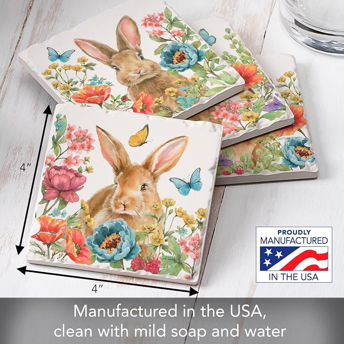 Thirstystone Garden Bunnies 4 Pack Assorted Tumbled Tile Stone Coasters | 4" - Image 3