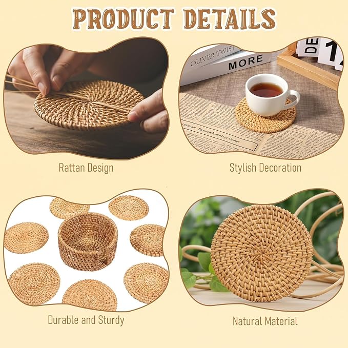 Rattan Coaster Set with Holder, Tabletop Protection, Bohemian Style Home Decor - Image 6
