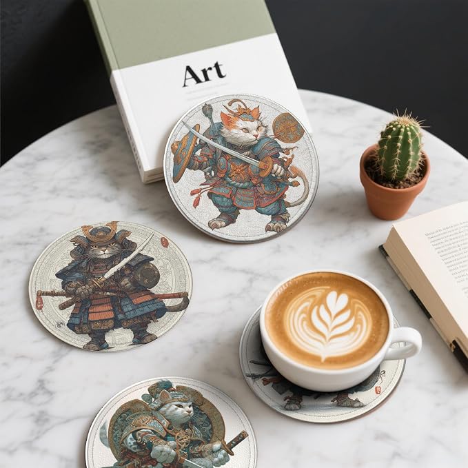 Japanese Cat Coasters Leather Round Drink Coasters 6 Pcs Set - Image 6