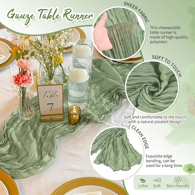 Showgeous 4 Pack Sage Green Cheesecloth Table Runner, 17 x 108 Inches | Boho - Image 3